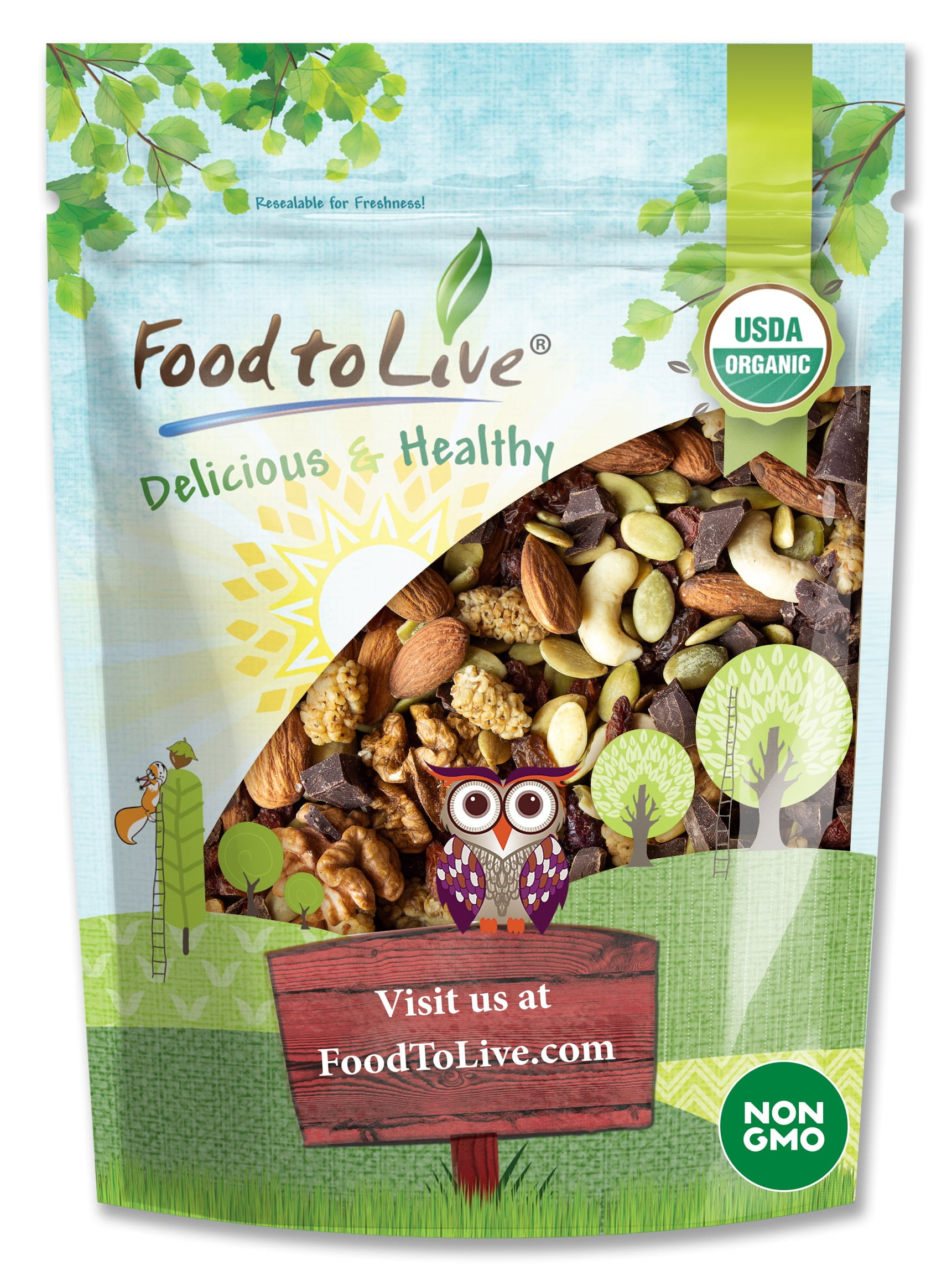 Organic Raw Munchies Snack Mix, 2 Pounds — Raw and Non-GMO Snack Mix Contains Cacao Nibs, Raisins, Almonds, Cashews, Walnuts, Goji Berries, Mulberries, Pumpkin Seeds. Vegan Superfood, Kosher, Bulk