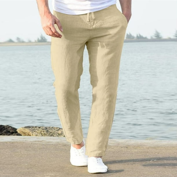 Pantalones largos para hombre, informales, de lino, con cordón, bolsillos, cinturón elástico, rectos, lisos.