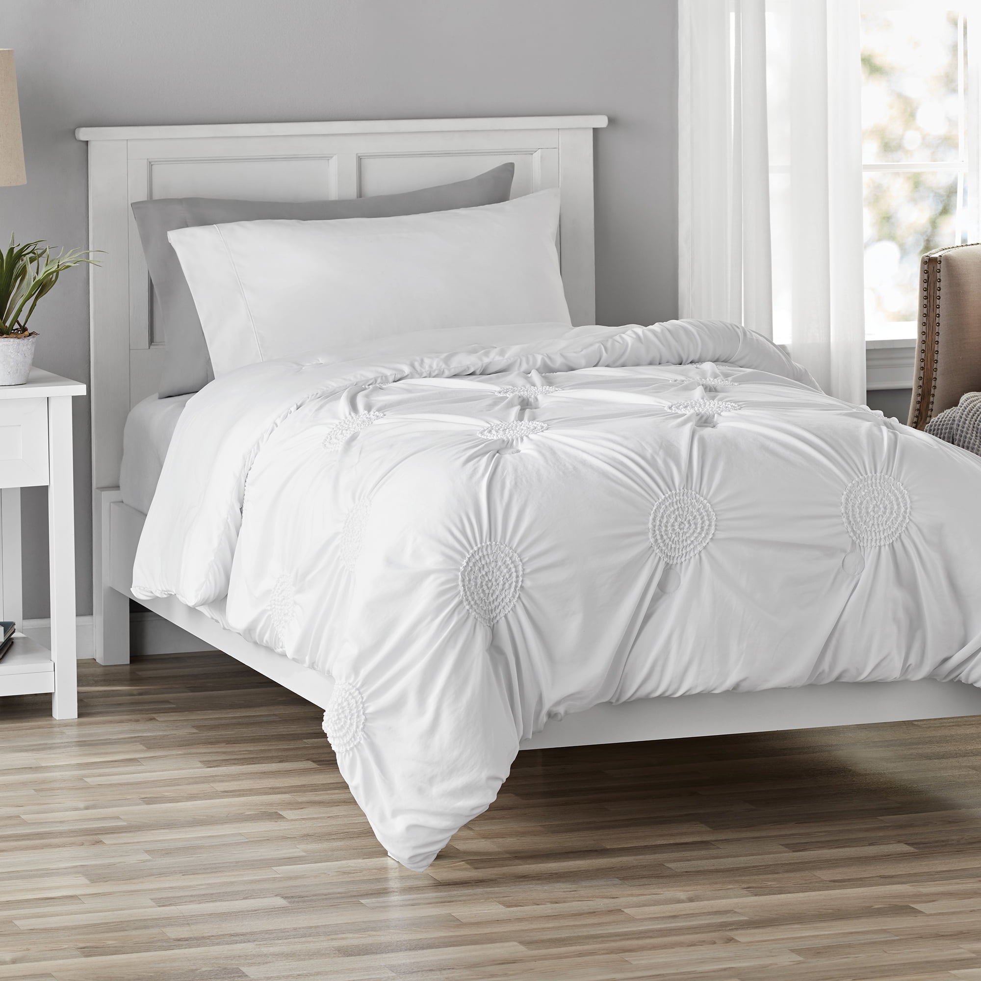 Mainstays Elastic Ruching Comforter in a Bag, Twin/Twin XL, White