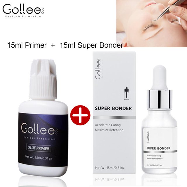 Gollee-extensiones de pestañas, 15ML, limpiador de pestañas, Primer Super Bonder, preparación de pestañas, Bonder, maquillaje de Aloe( B01 and Primer