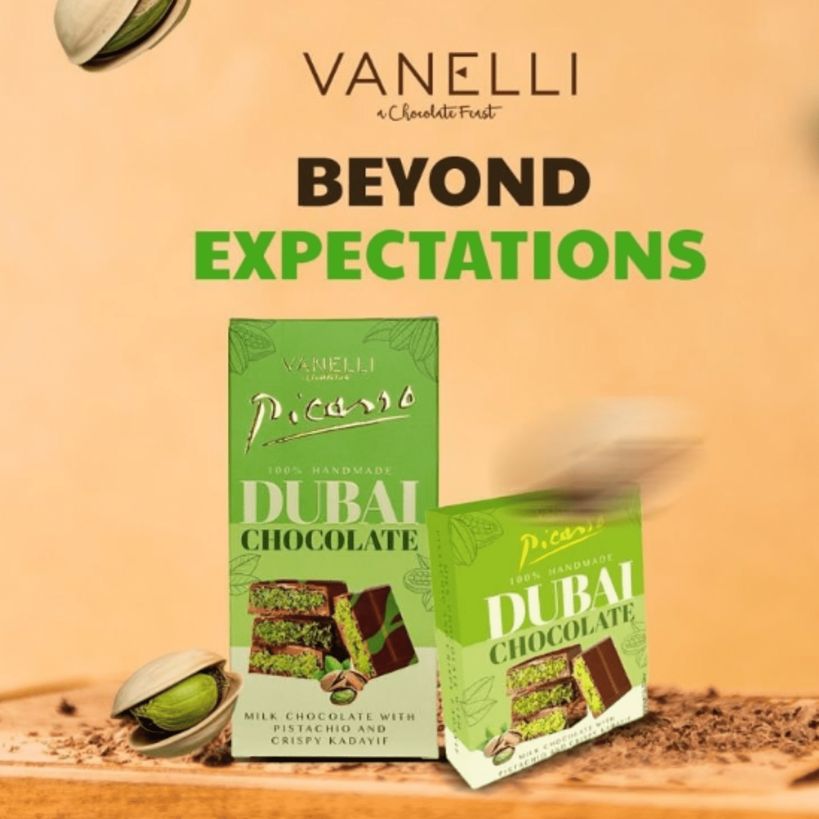 Picasso Vanelli Dubai Chocolate Bar – Premium Imported Milk Chocolate, 7 oz (200g) 6 Pack.