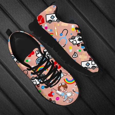 

2023 New Nurse Shoes Classic Cartoon Nurse Girls Ambulance ECG Medical Pattern Lace-up Sneakers Outdoor Footwear Hot