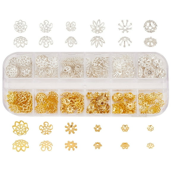 1 Box 240Pcs 12 Style Alloy & Iron & Brass Bead Caps Golden & Silver 6~10.5x2~6mm Hole: 1~1.8mm 20pcs/style