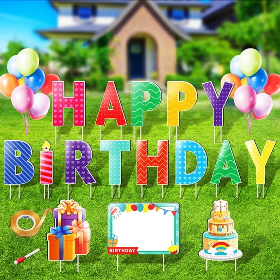 Yalumo Happy Birthday Yard Sign with Stakes, 16pcs Personalized Happy Birthday Yard Sign Colorful Weatherproof Birthday Lawn Sign for Outdoor Yard Decorations Garden Party