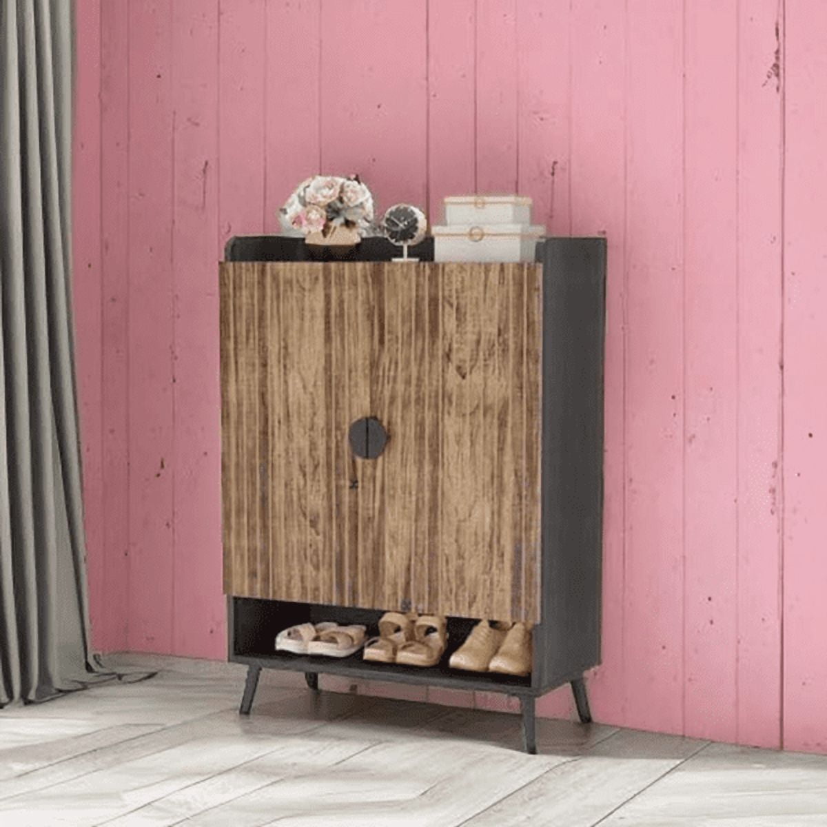 7-Tier Shoe Cabinet - 24-Pair Capacity, Adjustable Shelves, Grey Finish with Black Metal Accents, E0 Particle Board, for Entryway/Kitchen