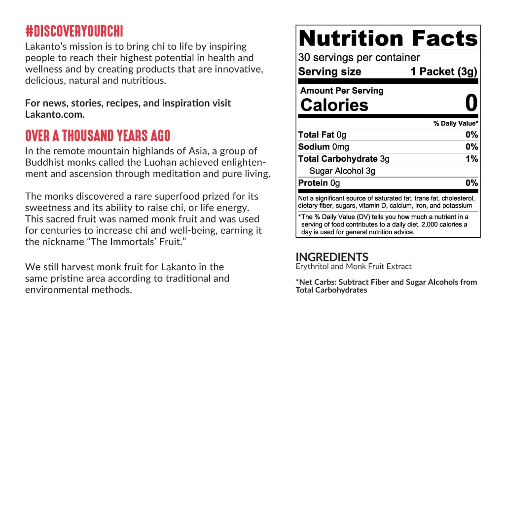 Lakanto Monk Fruit Sweetener Packets - White Sugar Replacement, Zero Net Carbs, Zero Glycemic, Zero Calorie, Keto, Sweeten on the Go, Coffee, Lemonade, Other Drinks, Desserts (Classic, 30 Count)
