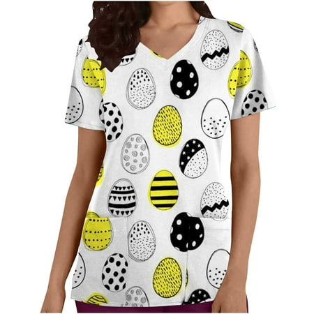 

atinetok Scrubs Tops for Women Easter Eggs Dressy Casual Work Tshirt Shirts Short Sleeve V Neck Womens Blouse with Pocket