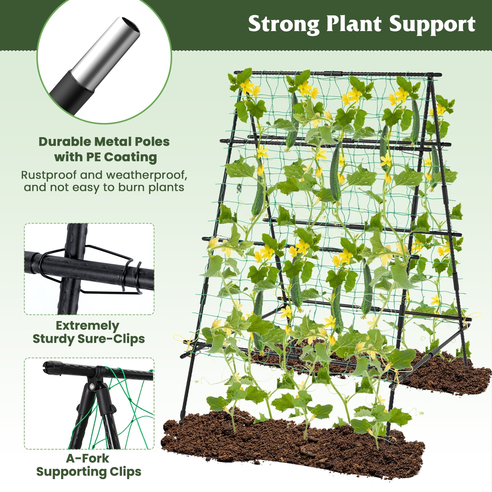 Patiojoy Cucumber Trellis for Plant Climbing Foldable Garden Tunnel Trellis w/ Plastic Coated Tube Trellis Net, Adjustable Auxiliary Clips