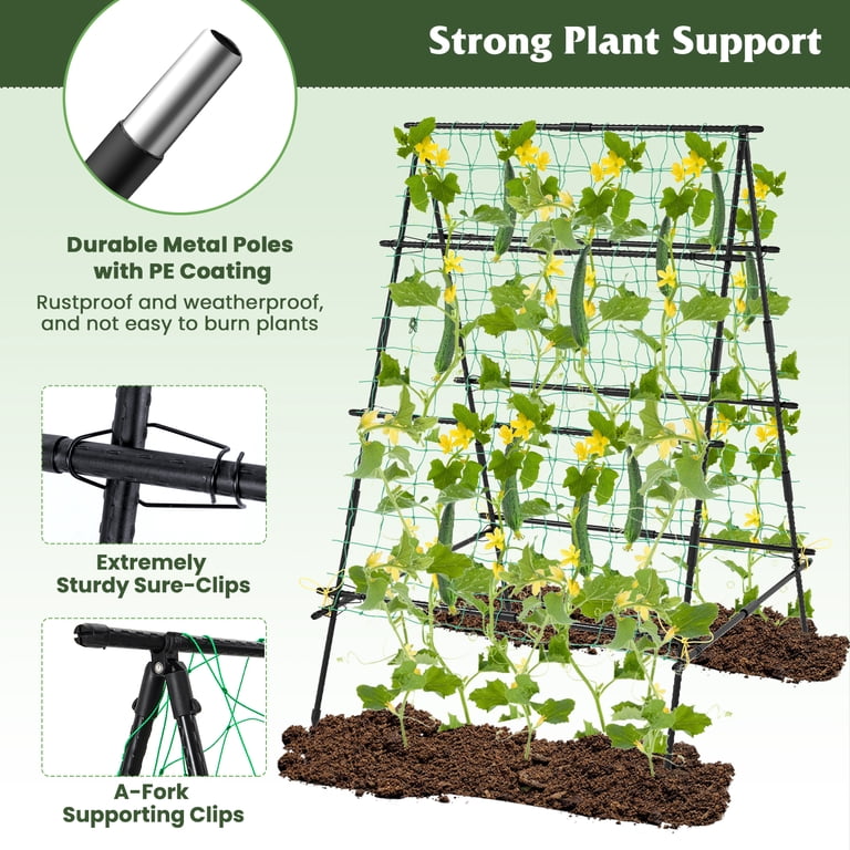 Patiojoy Cucumber Trellis for Plant Climbing Foldable Garden Tunnel Trellis  w/ Plastic Coated Tube Trellis Net, Adjustable Auxiliary Clips
