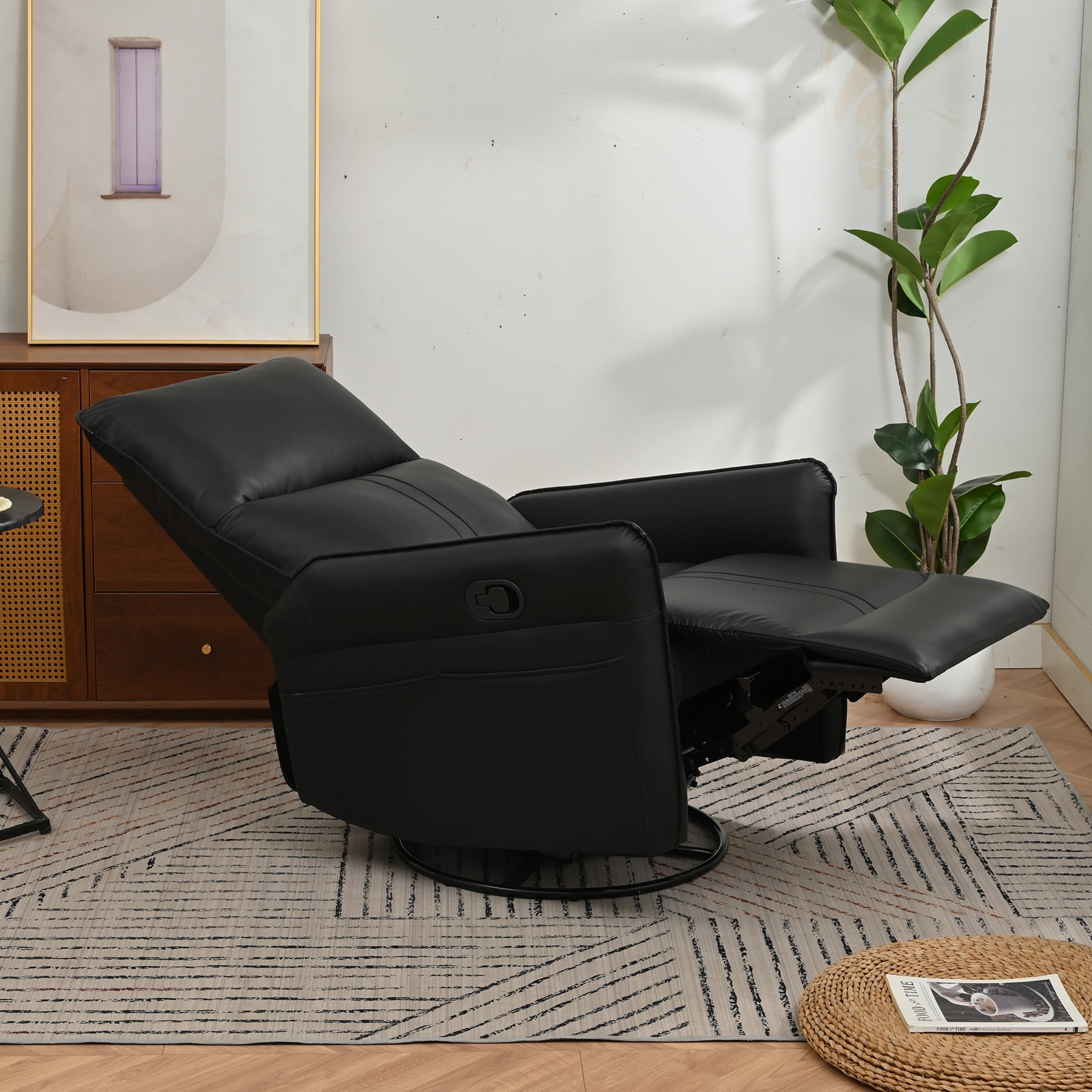 Rocker Recliner Chair with 360° Swivel, Small Modern Glider Recliner with Side Pocket, Swivel Rocking Chair for Nursery, Bedroom, Living Room or Home Theater, Black
