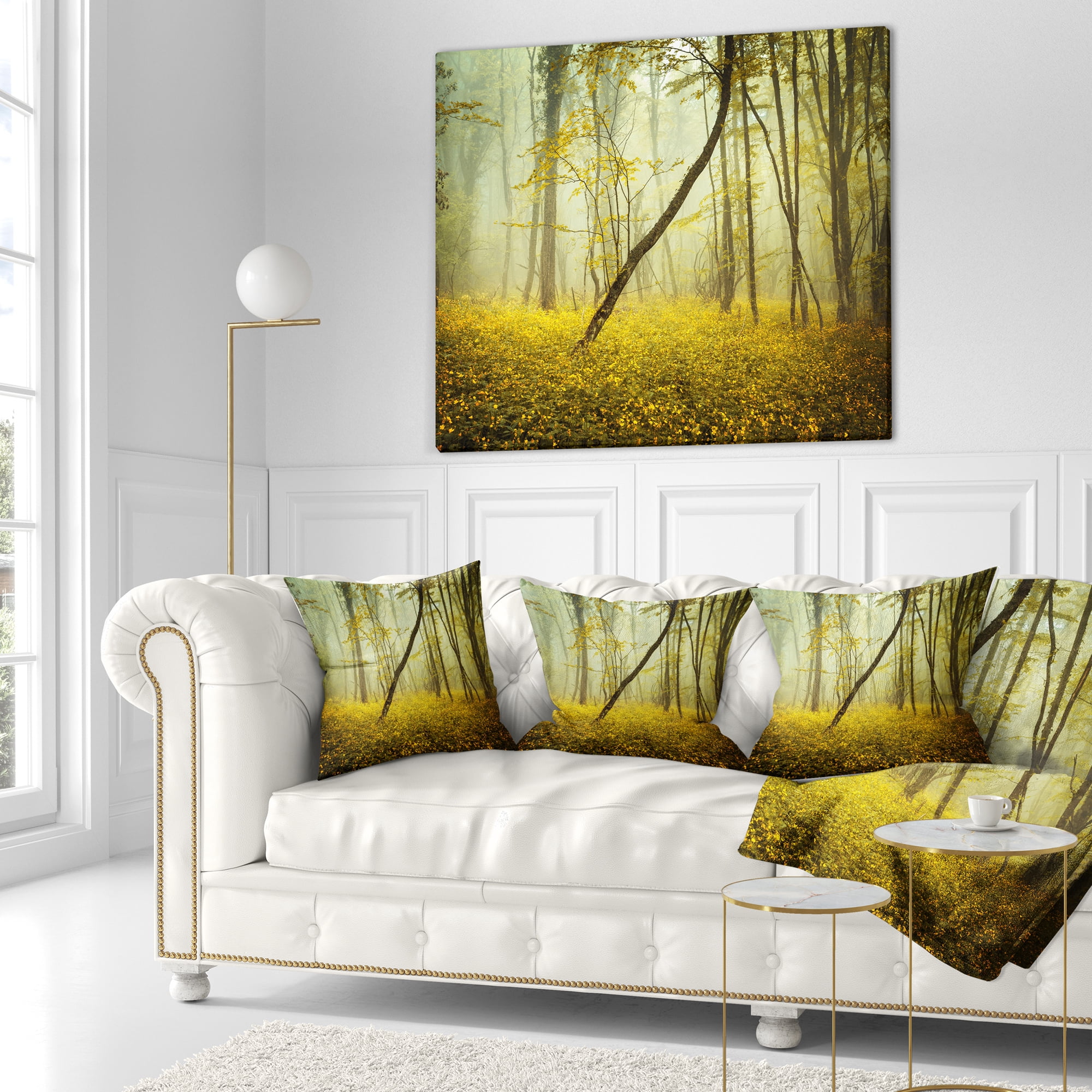 Designart Forest with Yellow Flowers - Landscape Photography Throw Pillow - 16x16