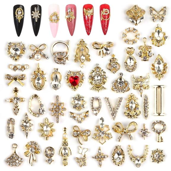 Kalolary 48 PCS 3D Nails Art Rhinestones, Luxury Shiny Nail Diamonds Metal Nail Jewels for Alloy DIY Nail Decorations