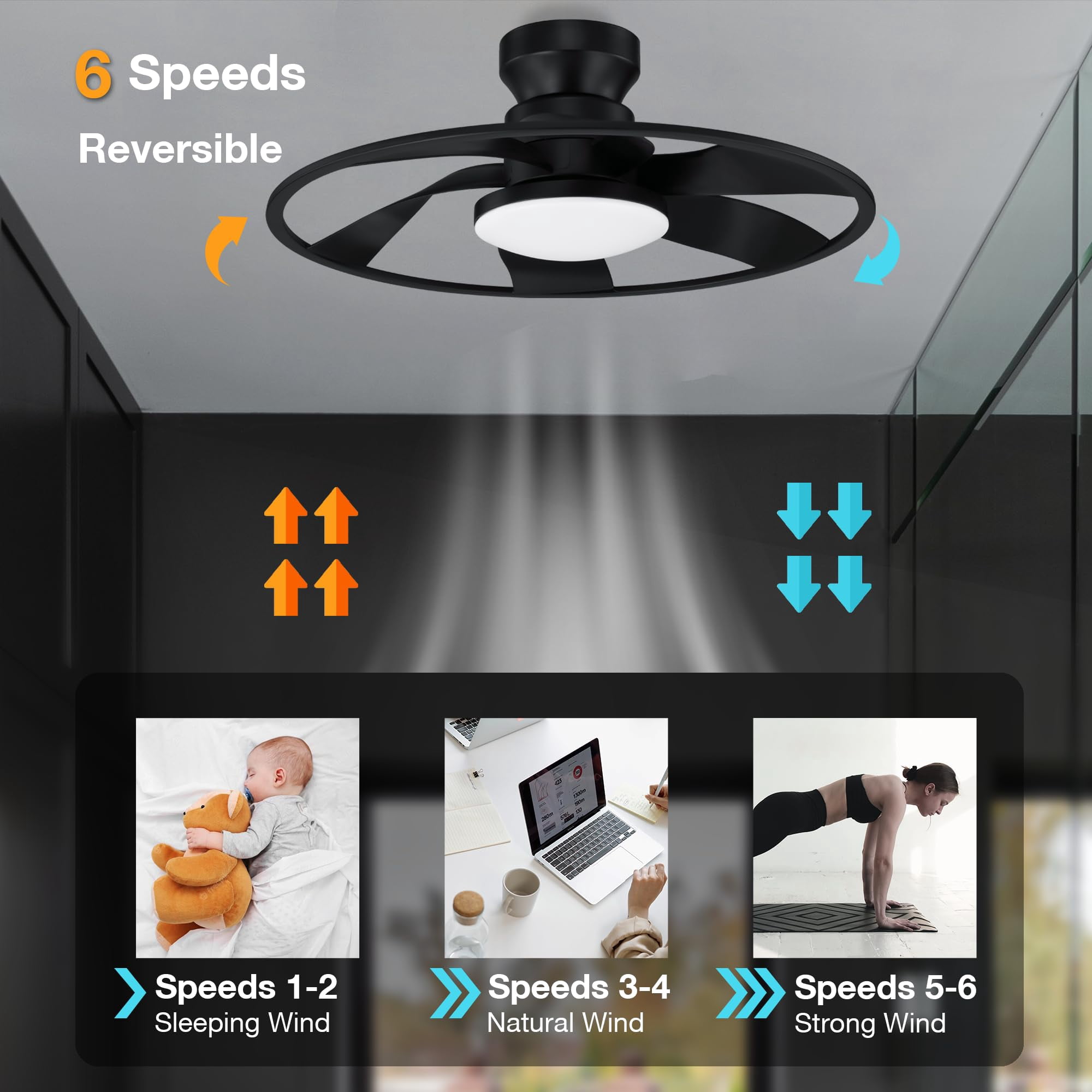 22" Smart Low Profile Ceiling Fans with Lights Remote,Quiet DC Motor,Bladeless Flush Mount Ceiling Fan Controlled by WiFi Alexa App,Modern Black for Small Indoor Bedroom Outdoor Patio