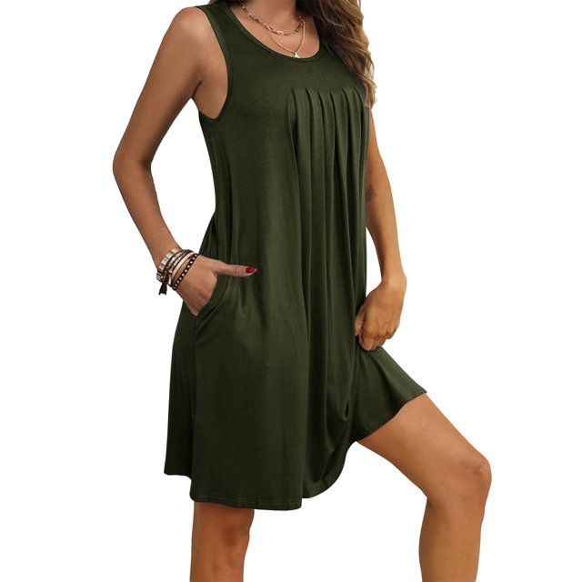 KIHOUT Vestidos sin mangas para mujer Ofertas de tallas grandes Camisón para mujer con bolsillos Camisas de dormir Ropa de dormir sin mangas Camisón plisado frontal Camisón de cuello redondo
