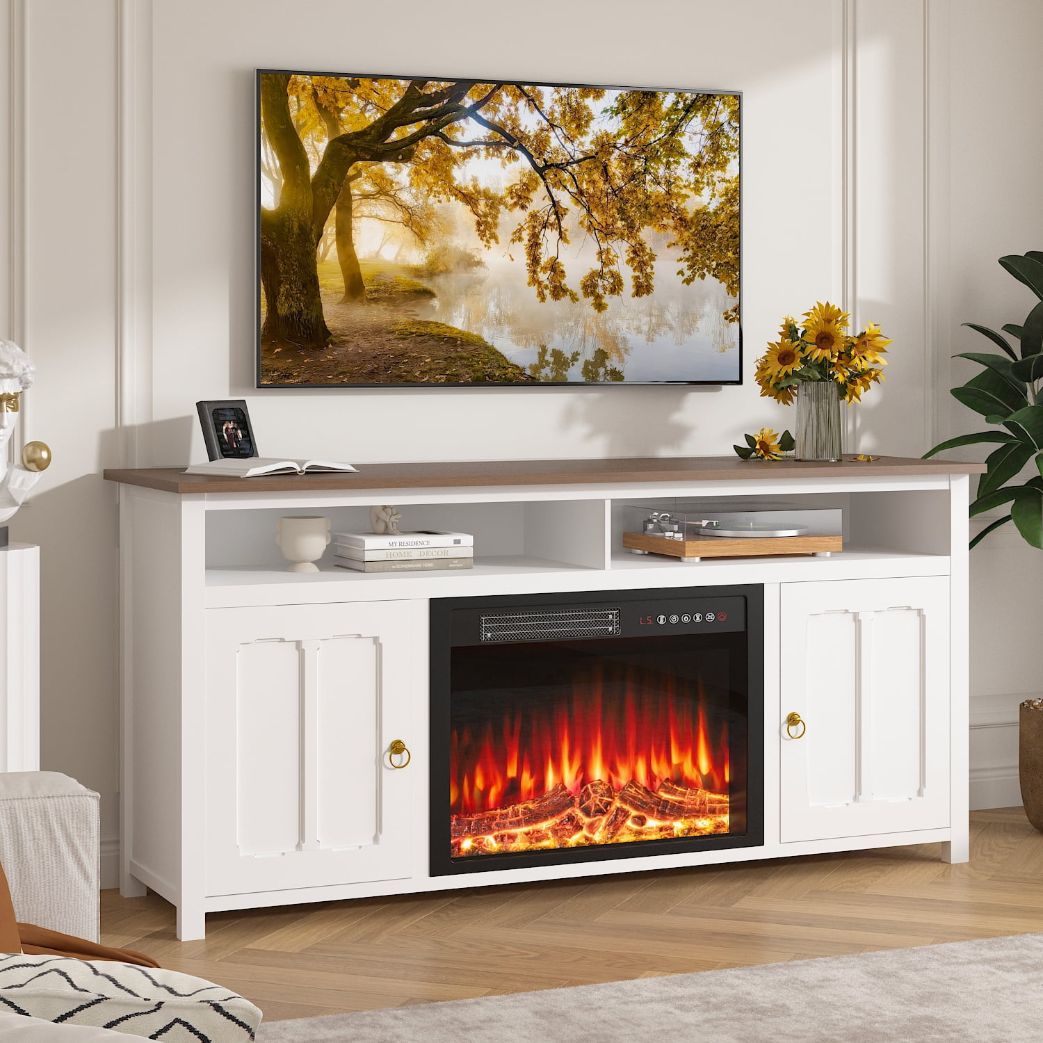 Waleaf 58" Farmhouse Fireplace TV Stand up to 65" with 23" Electric Fireplace,Media TV Console with Open Storage Shelves and Cabinets for Living Room