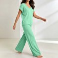 thumbnail image 4 of BRELIL Women's Two Piece Lounge Set V Neck Short Sleeve Tee Wide Leg Pants Casual Matching Outfits Solid Basic Tracksuit for Travel Fall Vacation, Green 2XL, 4 of 6