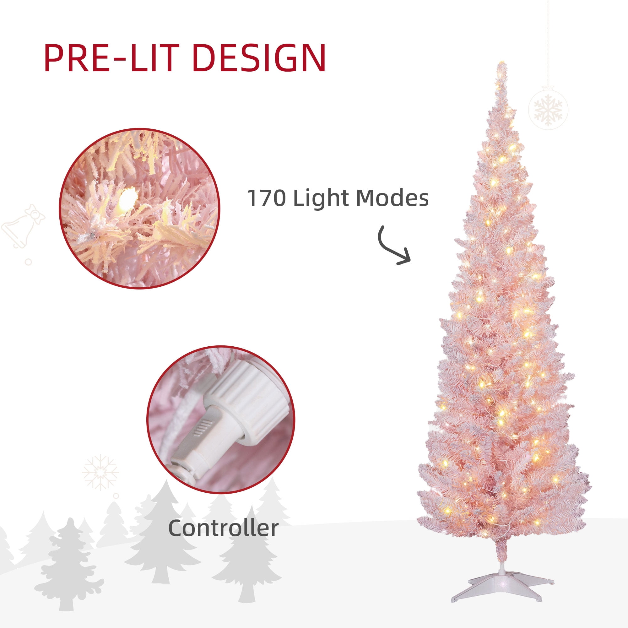 6FT Pink Slim Pencil Artificial Christmas Tree, 390 Tips 170 Warm White LEDs, Section Design, Flame Retardant Sturdy Base, Indoor Holiday Decor
