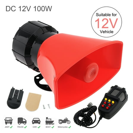 DC 12V 100W 7 Tone Electronic Alarm Siren for Car / Motorcycle with Mic PA Speaker System, Red Wired Alarm Siren Horn