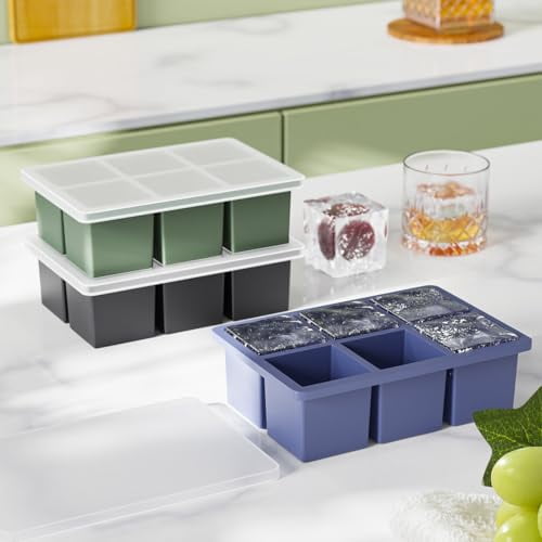 Large Whiskey Ice Cube Tray: 2-Inch Silicone Ice Mold with Lid, 3-Pack Square Cubed Tray for Cocktails, Bourbon, and Old Fashioned Drinks