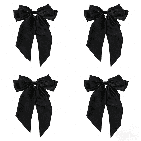 Big Layered Black Hair Bows for Women, Silky Bow Hair Clips with Long Tail, Large Ribbon Bows for Hair, Satin French Bow Barrette, Bowknot Metal Clips Slides Hairpins Hair Accessories