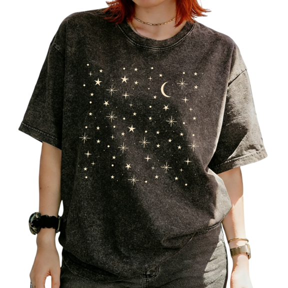 Celestial Moon Star Graphic Tees T-shirt Minimalist Starry Night Tops Short Sleeve Round Neck Black S-2XL Plus Size