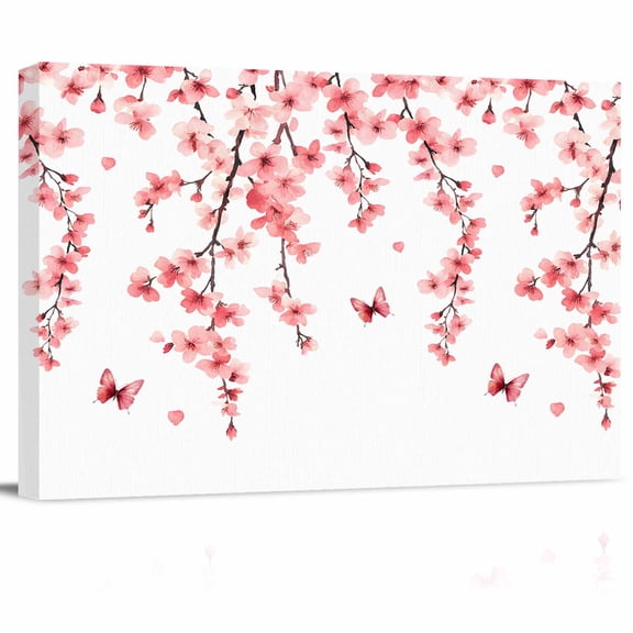 Spring Floral Canvas Print Wall Art Watercolor Pink Cherry Blossom Floral Butterfly Pictures Painting Morden Artwork for Living Room Bedroom, Ready to Hang - 12"x16"