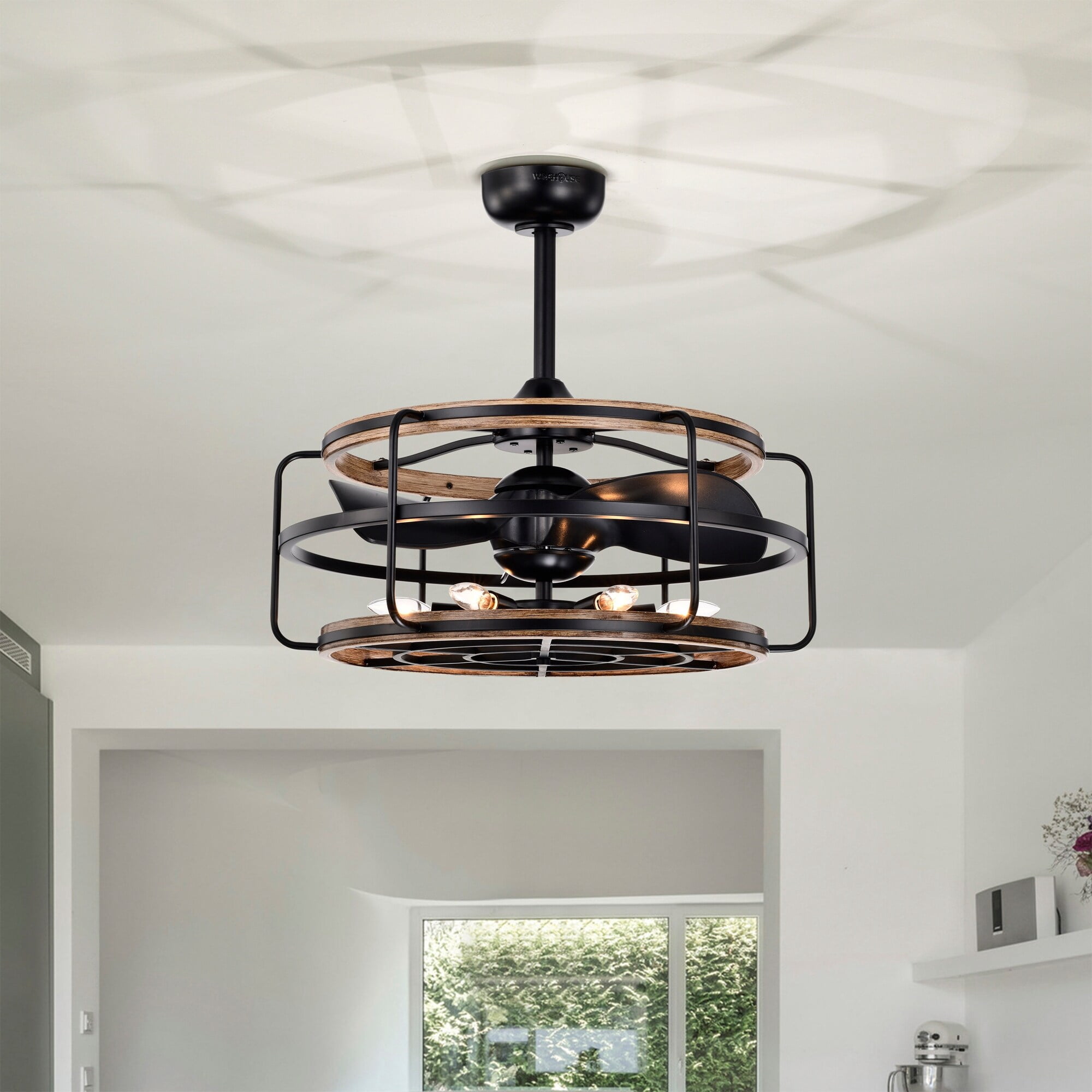 Warehouse of Tiffany Amable 26 Inch Farmhouse and Industrial Style Matte Black Finish Lighted Ceiling Fandelier with Remote