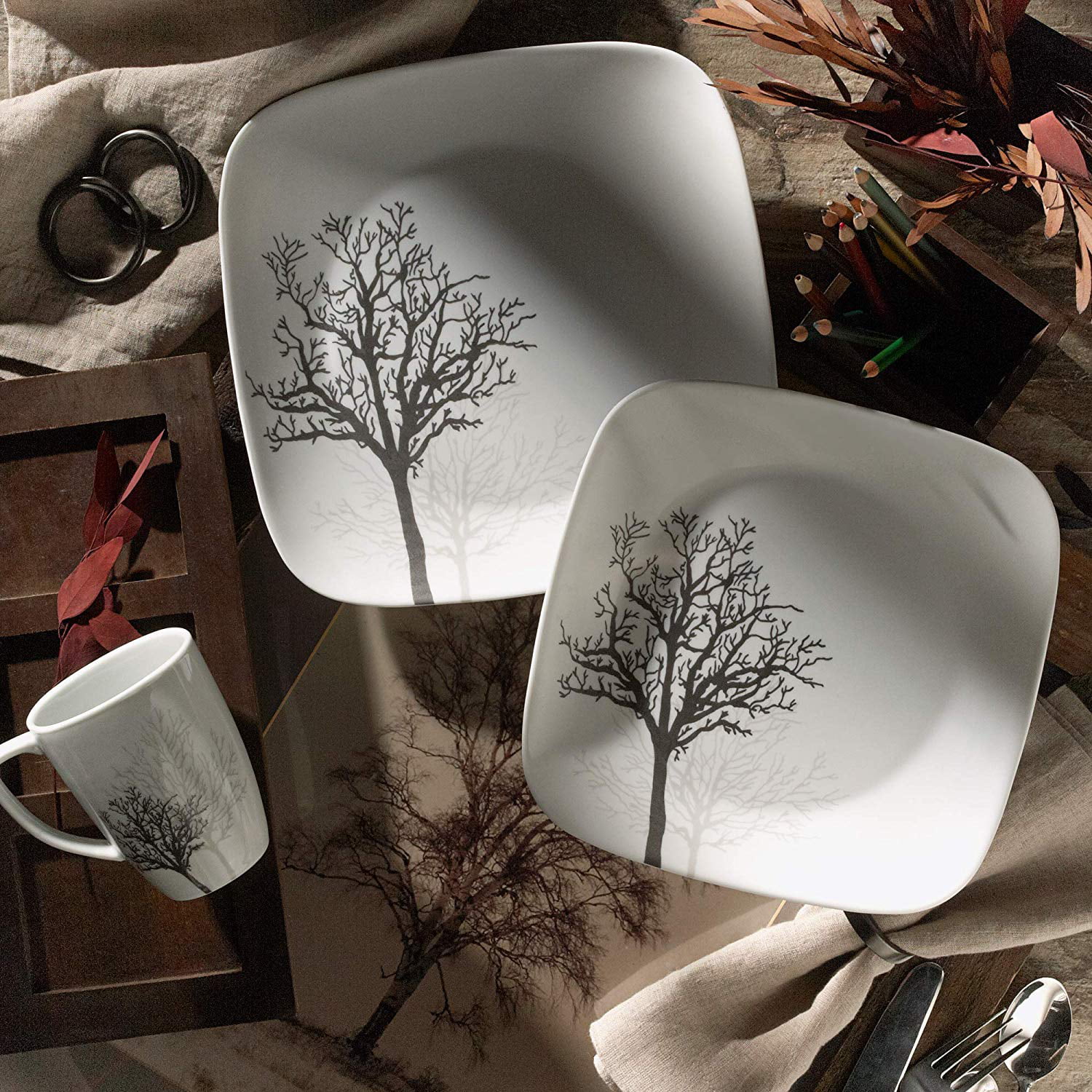 CORELLE Square TIMBER SHADOWS 6 1/2" BREAD DESSERT PLATE Black Leafless Branches 