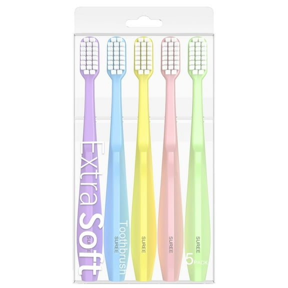 Suree Extra Soft Toothbrush for Sensitive Teeth and Receding Gums, 10,000 Micro Nano Bristles, Ultra Soft Toothbrush for Adults and Elderly (5 Pack, Blue, Yellow, Pink, Green, Purple)