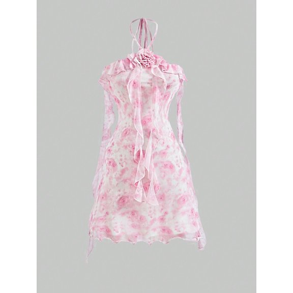 Pink Ruffle Halter Mini Dress With Floral Print And Rose Embellishment