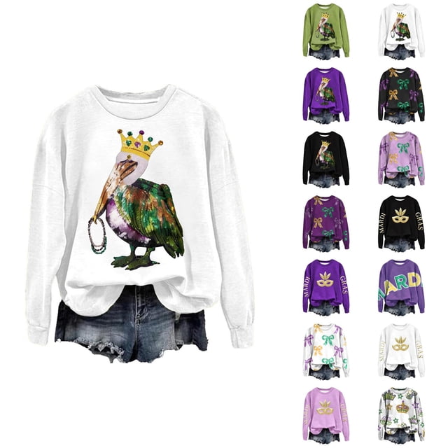 Mardi Gras 2026 Chandails en Molleton pour Femmes Tendance Manches Longues Col Rond Décontracté Carnaval Graphique Chandail en Molleton Pulls pour Femmes
