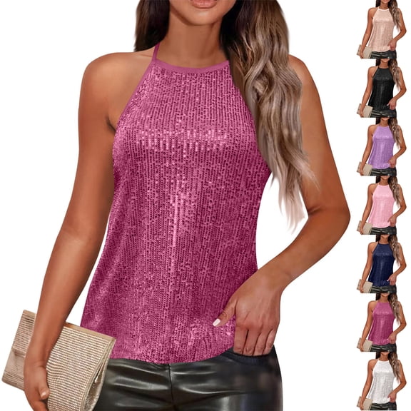 Laqbezok Chic Keyhole Back Sequin Halter Top, Women's Sparkly Sleeveless Night Out Tank, Elegant Evening Party Outfit