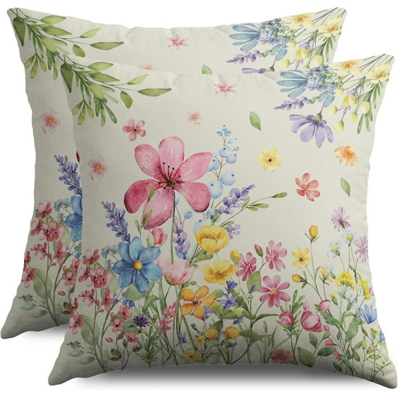 Spring Floral Pillow Covers 18X18 Set of 2, Pink Blue Yellow Green Colorful Watercolor Flower Easter Decorative Throw Pillow Covers Outdoor Seasonal Farmhouse Cushion Cases Couch Sofa Bed Decor