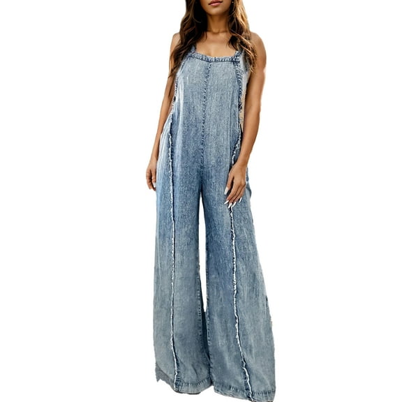 Baby Sweetie Women's Denim Overalls Loose Vintage Washed Raw Trim Square Neck Wide Leg Jumpsuit Jean Pants