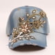 thumbnail image 2 of Gorra de béisbol vaquera decorativa con flores de seda doradas incrustadas con diamantes hecha a mano, gorra casual de verano para mujer de moda europea y americana, 2 of 6
