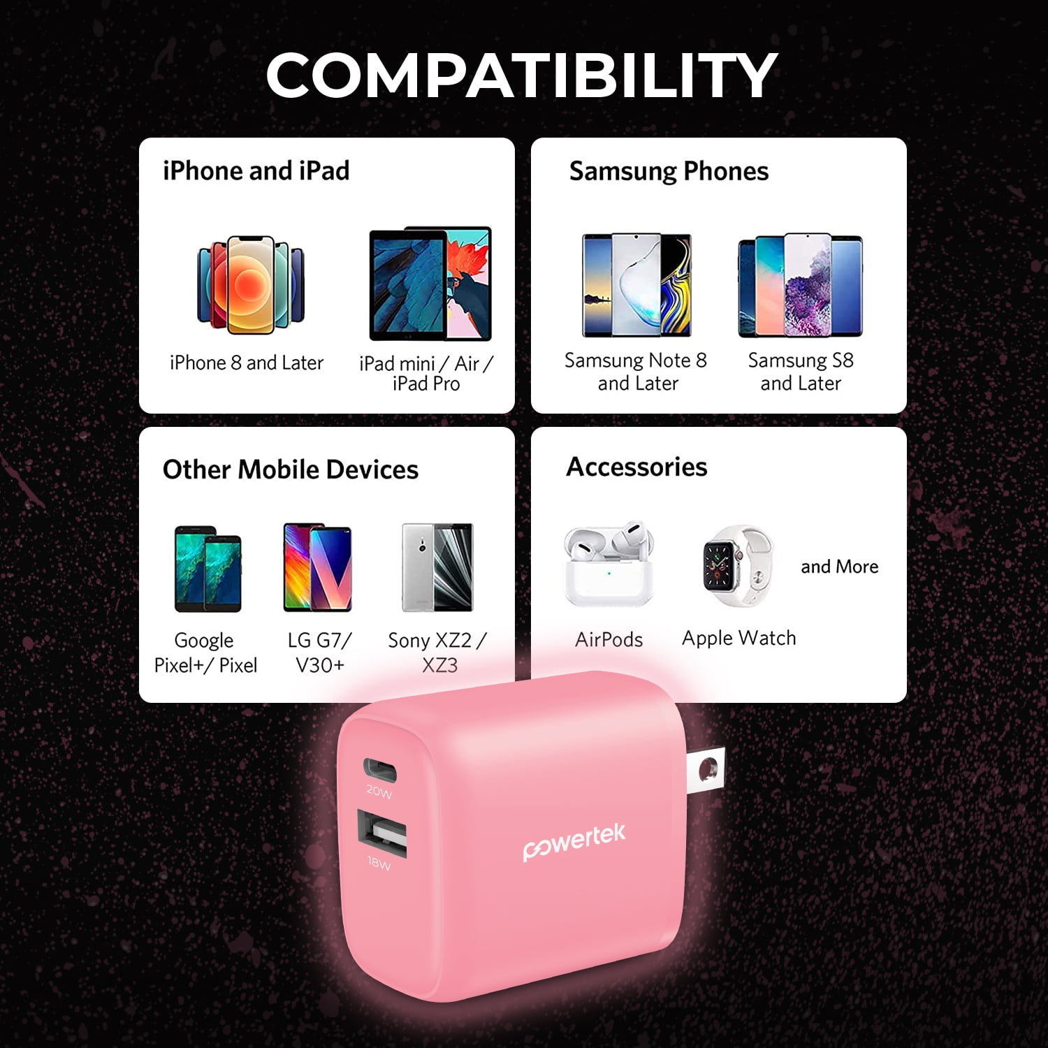 Liquipel Powertek Glow in the Dark 20W Combo Wall Charger - Pink