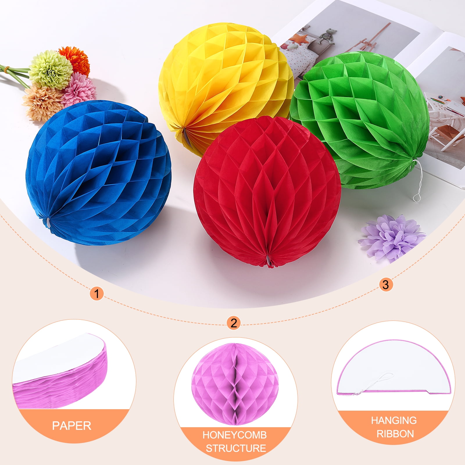 Uxcell 8 Pcs Honeycomb Balls, 10" Dia Honeycomb Flower Paper Pom Poms Paper Flowers Crafts for DIY Crafting Home Decor Birthday Christmas Party, Pink