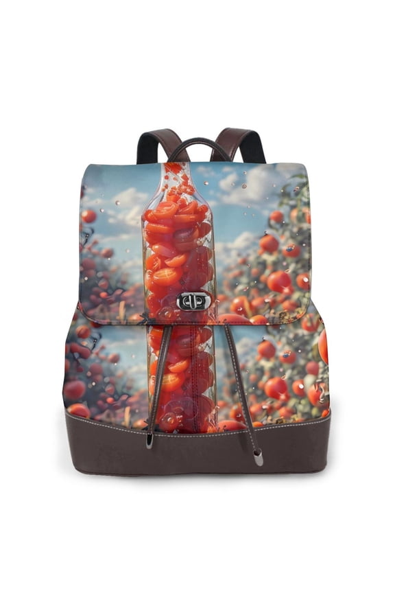 Tomato Field Bottle Print Large Backpack Soft Leather for Women Travel with Compartment, Adjustable Convertible Strap