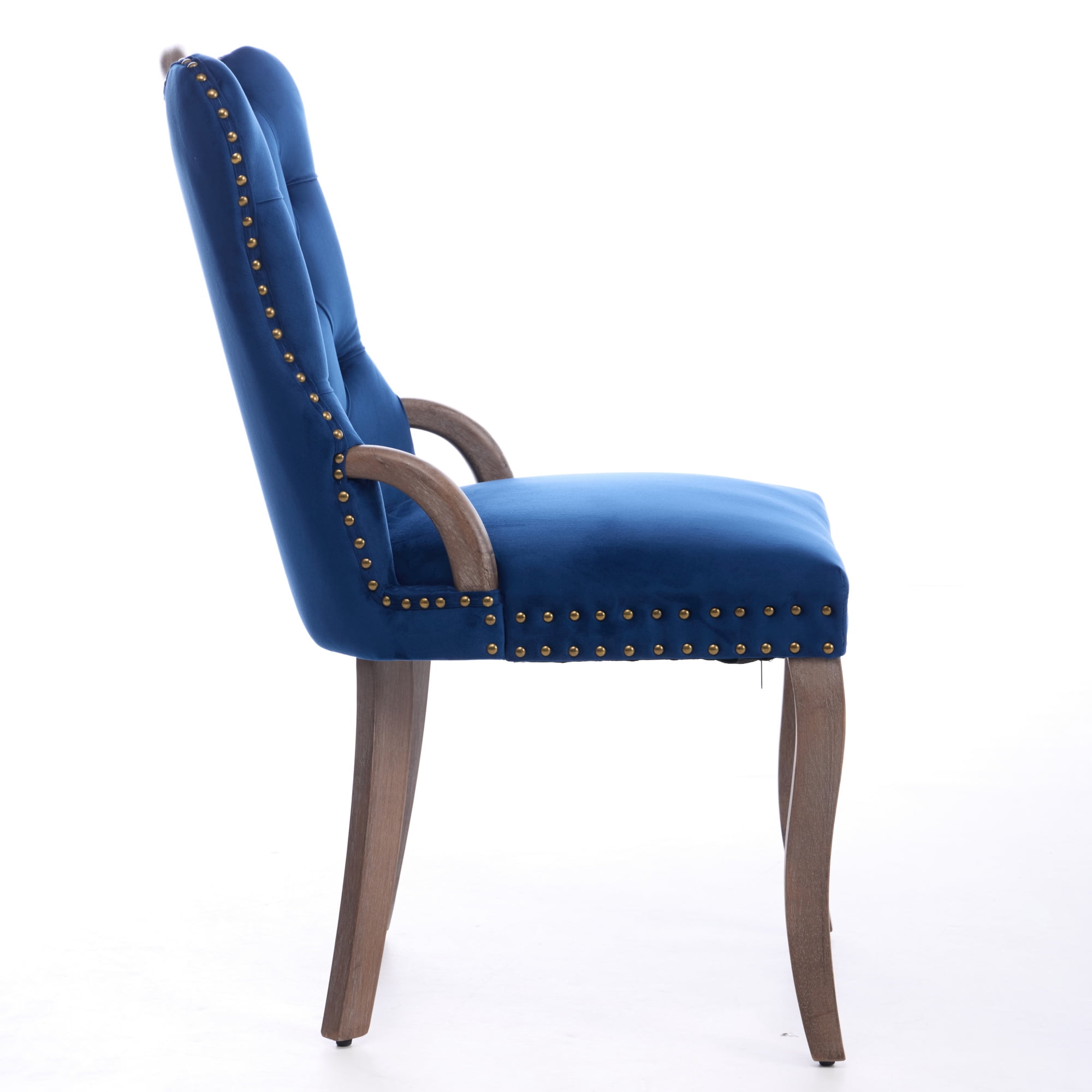Garitin Dining Chair Set of 2 and Velvet Upholstered Arm Chairs, Button Tufted Back with Nailhead Trim and Solid Wood Legs for Dining Room, Blue