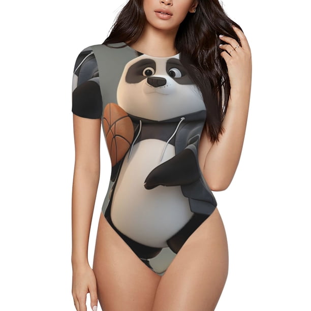 Fotbe Cartoon Pandas Basketball Body de Mujer con Cuello Redondo y Mangas Cortas, Sin Mangas Ajustado, Suave, Cómodo y Básico-Small