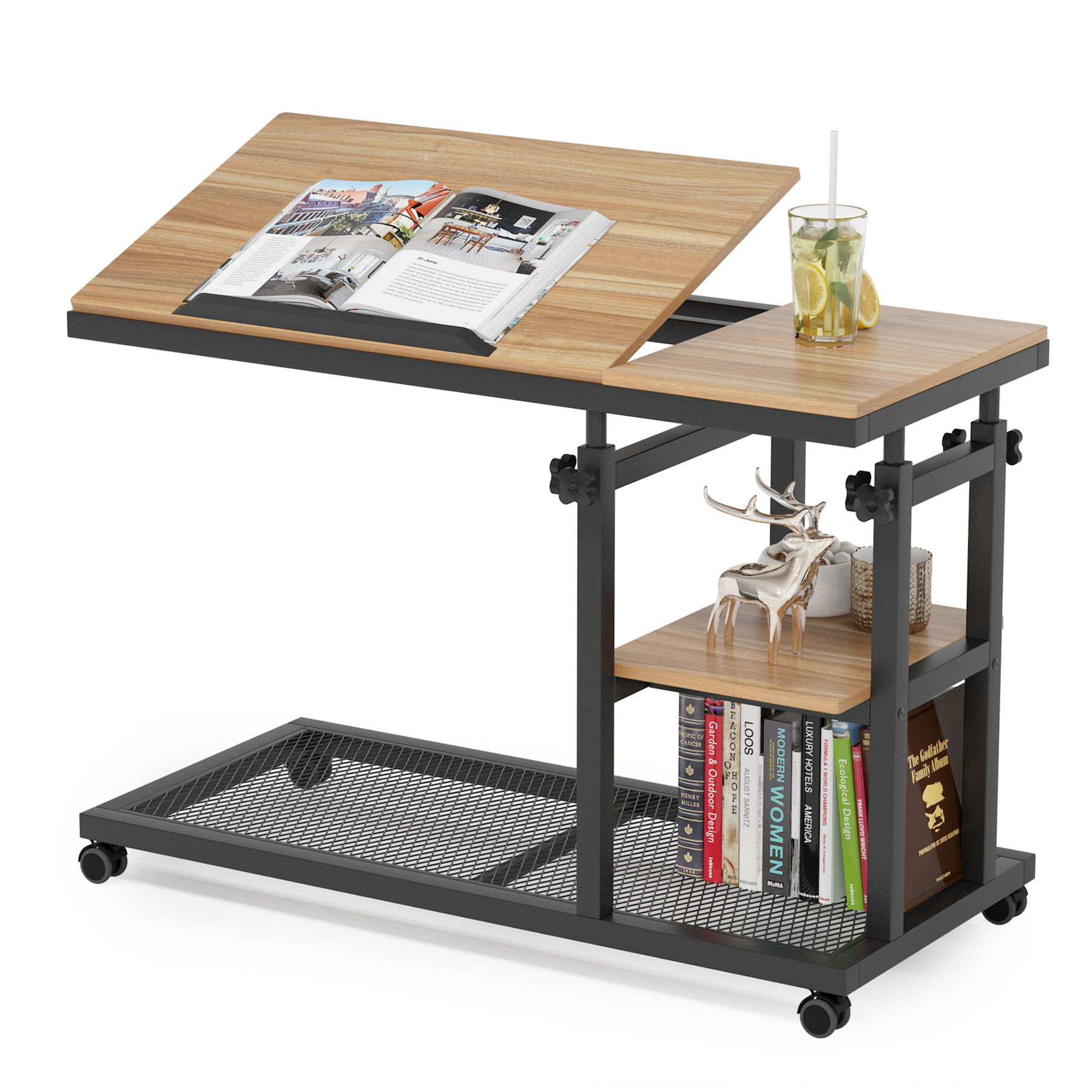 Fnova Mobile Side Table with Wheels, Snack Tray, Height-Adjustable C-Shape Desk, Tiltable Drawing Board, Laptop Stand, Storage Shelves for Living Room, Bedside Table for Couch