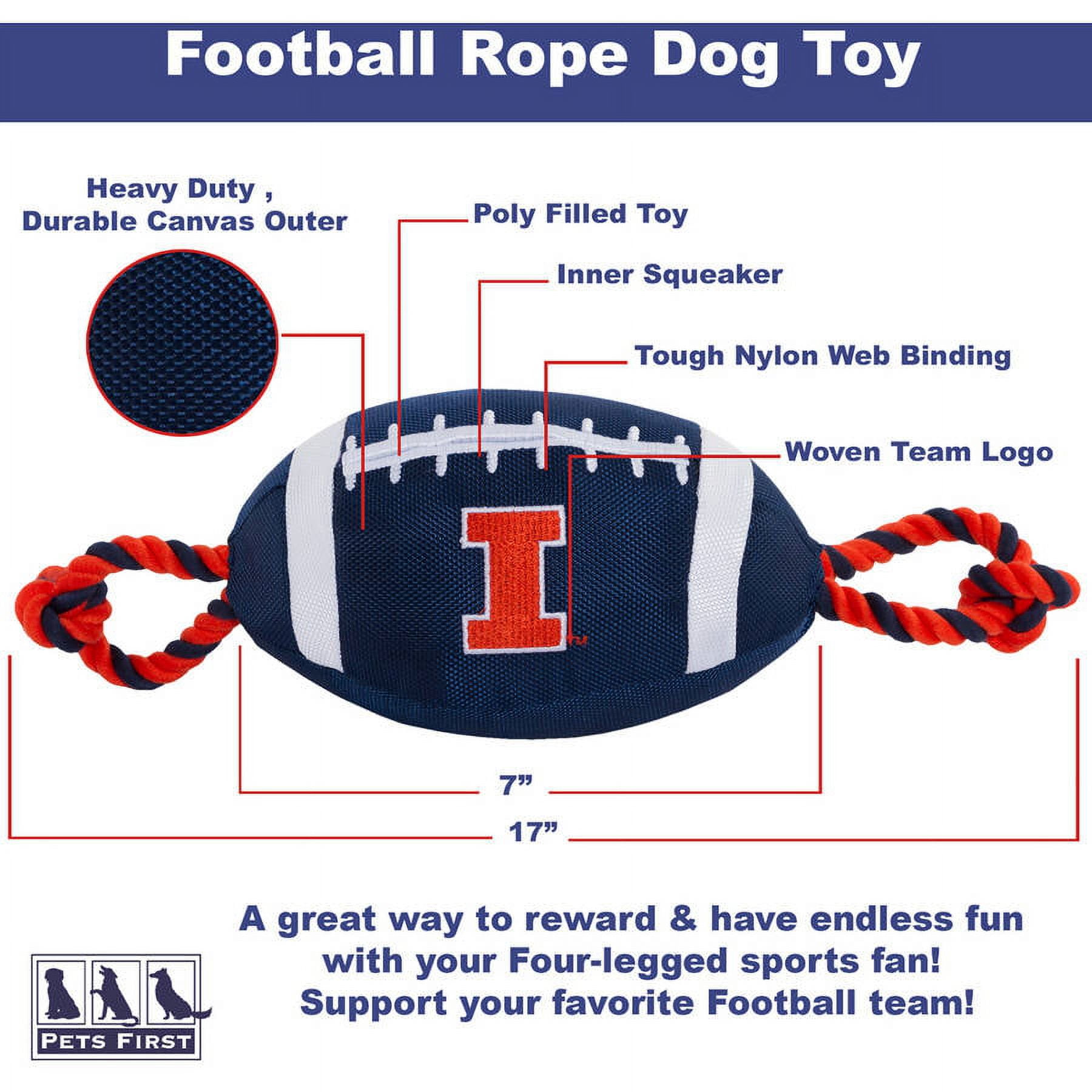Pets First NCAA Illinois Fighting Illini Strong, Durable, Chewable Football Dog Toy with Inner Squeaker and Side Ropes, Officialy Licensed