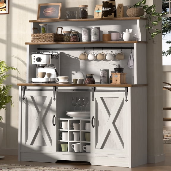 Farmhouse Coffee Bar Cabinet with 3 Tier Storage Hutch, 47'' Coffee Bar Station with Sliding Barn Door, Hutch Storage Cabinet with 9 Wine Racks & 9 Hooks for Kitchen Dining Living Room