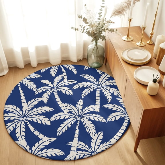 Round Rugs 6Ft, Navy Blue Tropical Round Area Rug Washable Indoor Throw Carpet, Summer Beach Coastal Palm Trees Soft Non Slip Circle Rug for Office Cabinet Home Decor Aesthetic
