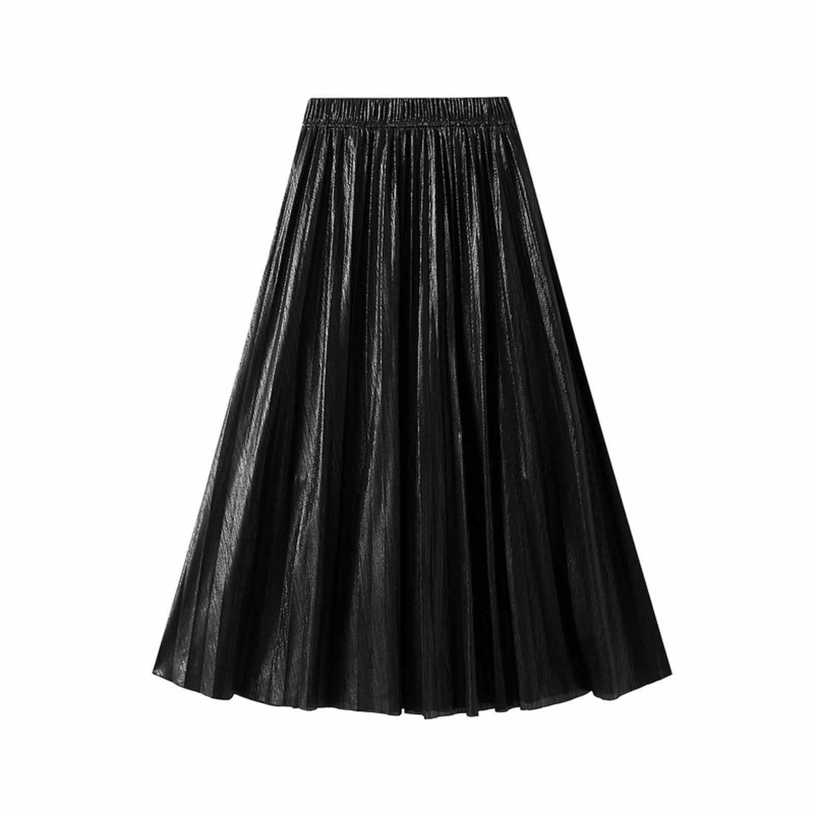 Cavosen Womens Skirts Midi Length Summer Calf Length Skirts Silky Flowy Pleated Pencil Skirts High Waist Solid Color Summer Skirts Classic Dress Athletic Beachwear Resortwear Black