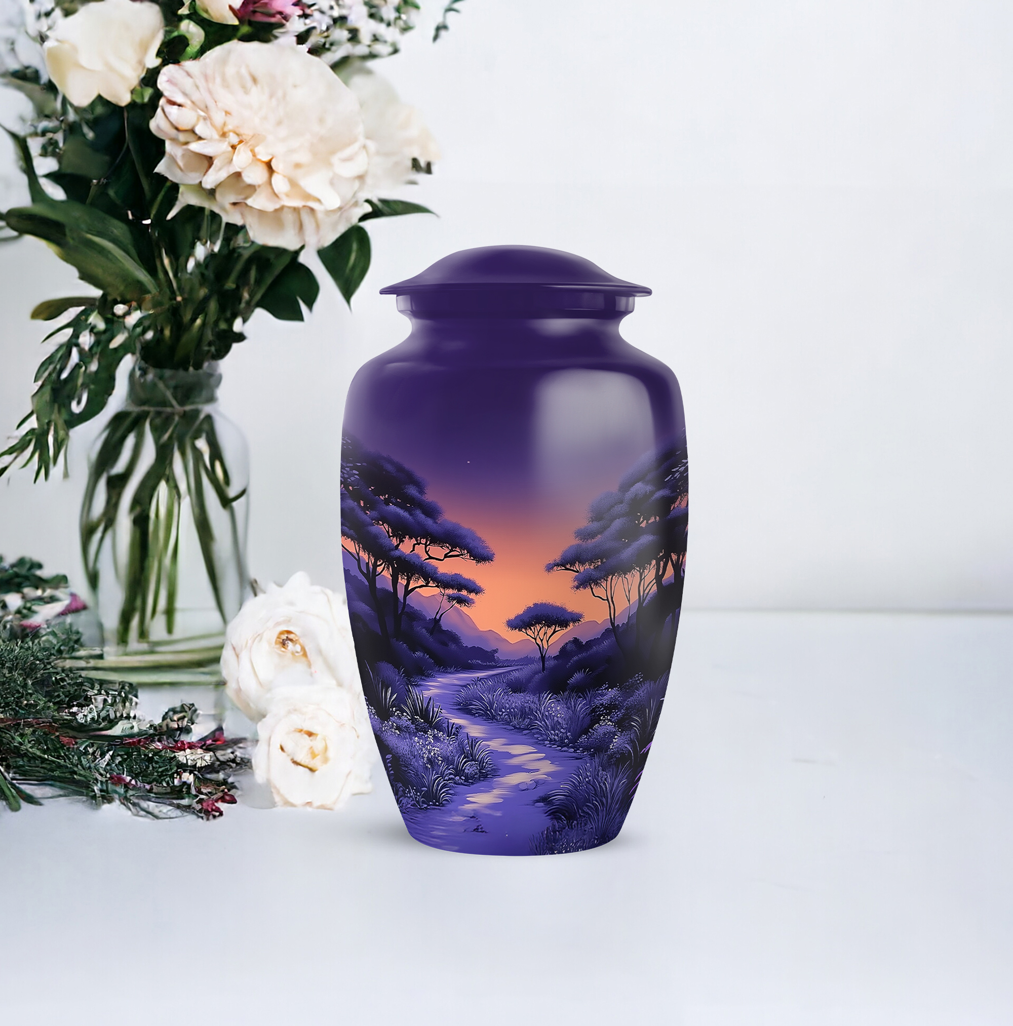 Purple Urns for Human Ashes Adult, Cremation Funeral Urn for Female - Memorial Decorative Urn - Ashes Urns Keepsake - 6inch, Medium Size with Velvet Bag - 1pcs