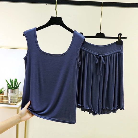 Blmnix Women Pajamas Plus Size Pajamas Modal Pajamas Sleepwear Sets Short Pajama Square Neckline Sleeveless Blue Cropped 100% Cotton Pajamas for Women,L