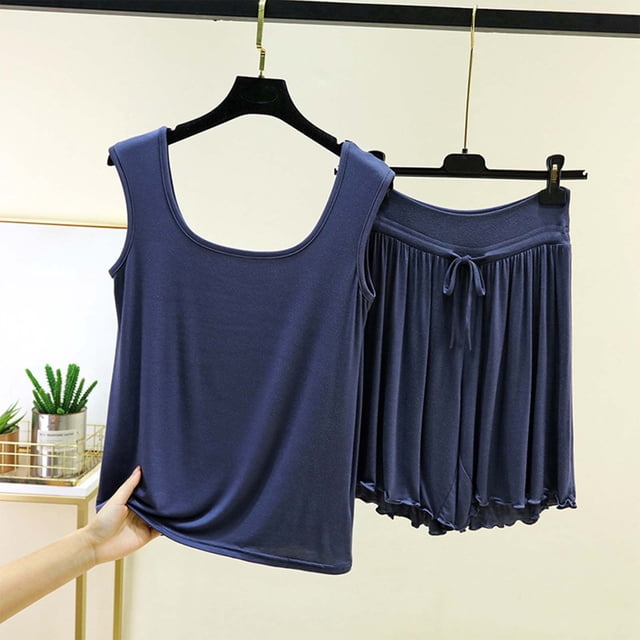 RKSTN Ensembles de Pyjama pour Femmes Coton Grande Taille Bordure à Volants Col Ras du Cou Sans Manches Pyjamas Camisole avec Shorts Tenue d'Intérieur Ensembles de Pyjama pour Femmes 2 Pcs