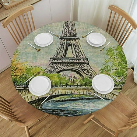 

SHERONV Eiffel Tower Bridge Trees Round Tablecloth Stain-Resistant 54 -58