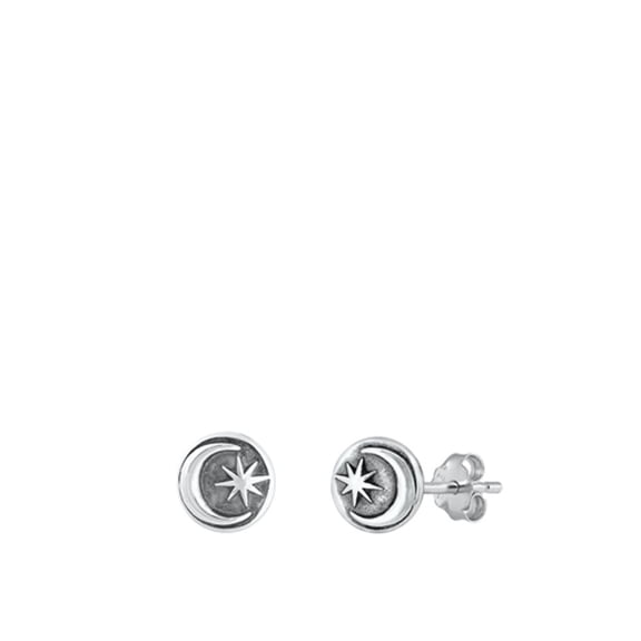 Sterling Silver High Polished Oxidized Star Moon Stud Earrings 925 New Jewelry Female Unisex